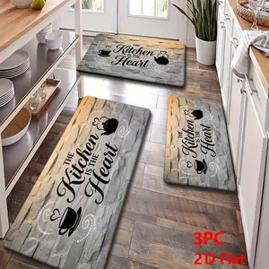 2/3pcs Soft Flannel Kitchen Mat Set, Stone Wall & Coffee Pot Design, Non-Slip, Absorbent, Rustic Vintage Style, Home Decor