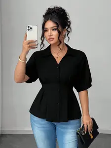 Women's Plus Size Tummy Control Peplum Blouse Short Puff Sleeve Button Down Shirt V-Neck Solid Black Cinched Waist Pleated Tops, Casual Classy Elegant, Office Workwear Business Casual Flattering Fit Daily Outfits Summer