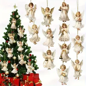 12pcs Victorian style angel ornaments, pure white angels with golden bells and ribbon design, suitable for Christmas tree, fireplace, window sill decoration, holiday celebration gifts, classic design, ornamental angels.