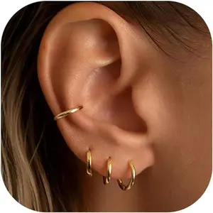 Small Gold Hoop Huggie Earrings Set for Women Non Tarnish 14K Gold Plated Lightweight Cartilage Earring Pack for Multiple Piercings for Sensitive Ears