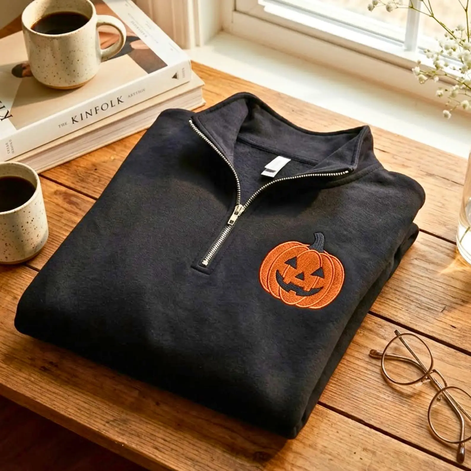 Embroidered Pumpkin Halloween Quarter Zip Sweatshirt, Fall Apparel