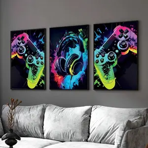 3pc 2D Flat Canvas Poster, Gamer's Dream Canvas Art Set - Colorful Headphone & Game Controller Prints, Frameless Wall Decor for Art Colorful Game Controller Classic Vintage Posters Vintage Room Home Bar Cafe Decor Nordic Home Decor Modern Art Design