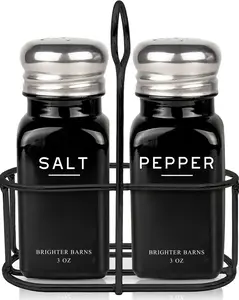 Black Salt and Pepper Shakers Set with Holder - Farmhouse Kitchen Decor, Modern Kitchen Essentials, Dining Table Centerpiece Decor - Glass Shakers with Caddy for Restaurants (Black)