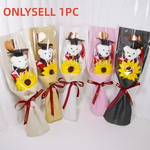 Graduation Bouquet Gift – Bear in Graduation Cap with Realistic Sunflowers, Gold Heart Wrapping Paper, Perfect for Friends, Classmates, Girlfriend, Graduation Season Parties, Party Gift