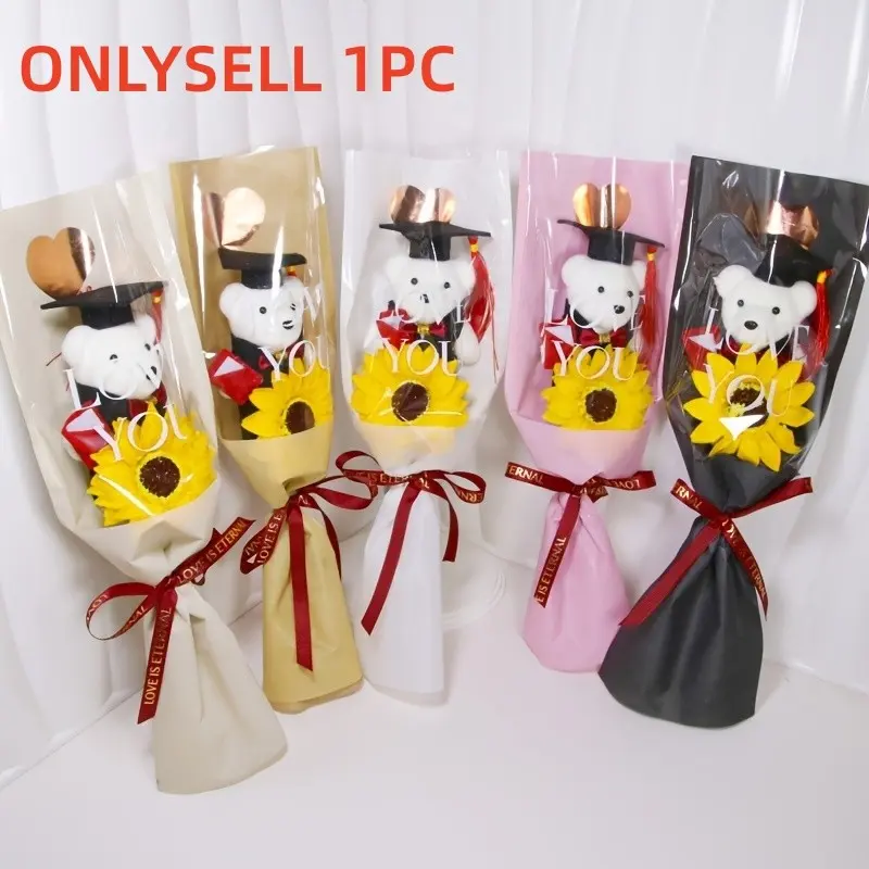 Graduation Bouquet Gift – Bear in Graduation Cap with Realistic Sunflowers, Gold Heart Wrapping Paper, Perfect for Friends, Classmates, Girlfriend, Graduation Season Parties, Party Gift, Graduation Gifts