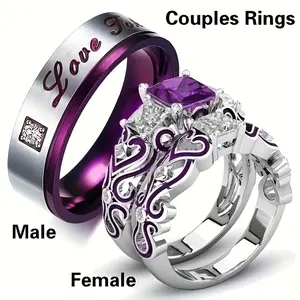 1 New Men's and Women's Stainless Steel Purple Couple Engagement Ring Set - Fashionable Zircon Purple Diamond Gemstone, Copper Material, Comfortable Fit, Durable, Hypoallergenic, Perfect for Wedding, Anniversary, Valentine's Day Gift