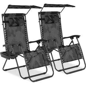 Zero Gravity Chairs Set of 2, Patio Anti Gravity Recliners with Canopy Shade, Foldable Outdoor Lounger with Cup Holder Tray and Headrest for Beach Camping, Camouflage
