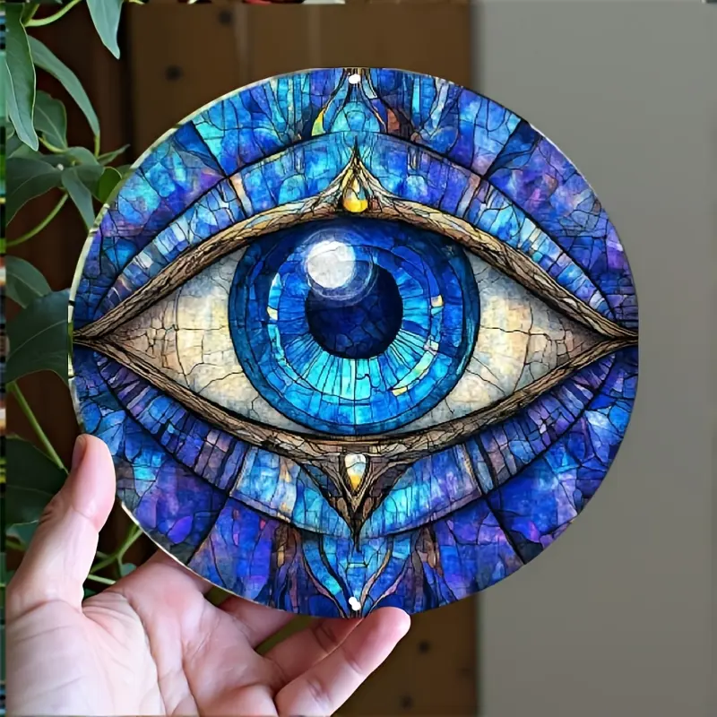 8"x8" Evil Eye Decorative Wall Sign - Glam Style Waterproof Aluminum Plaque with Intricate Blue & Golden Mosaic Design, Rust-Free Durable Metal Outdoor Decor for Home, Garden, or Gift Giving, Metal Wall Art Decor Practical Beauty Harmony