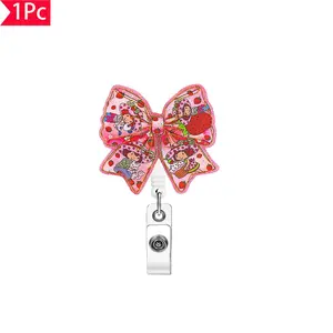 Strawberry Doll Bow Glitter Badge Reel, Id Badge Holder, Nostalgic Cute ID Clip, Perfect for Strawberry Doll Fans, Adorable Decorative Accessory