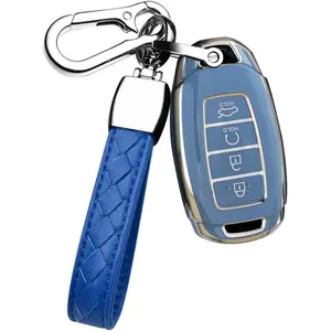 Key Fob Cover for 2018 2019 2020 2021 2022 Hyundai Venue Kona Santa Fe Veloster Palisade Elantra GT Smart Remote Auto Key with Keychians Soft TPU 4 Button key Shell-Gray