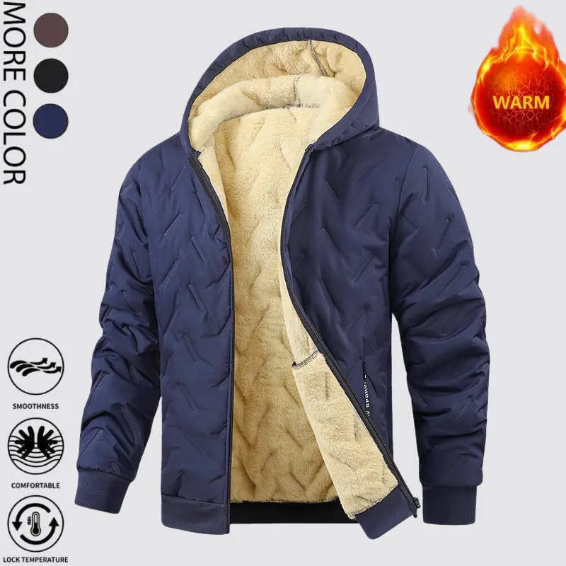 Korean Casual Baggy Winter Jacket for Men, Solid Quilted Polyester Coat with Fleece Lining, Hooded Windproof Thermal Outerwear, Long Sleeve Warm Jacket for Outdoor & Commuting