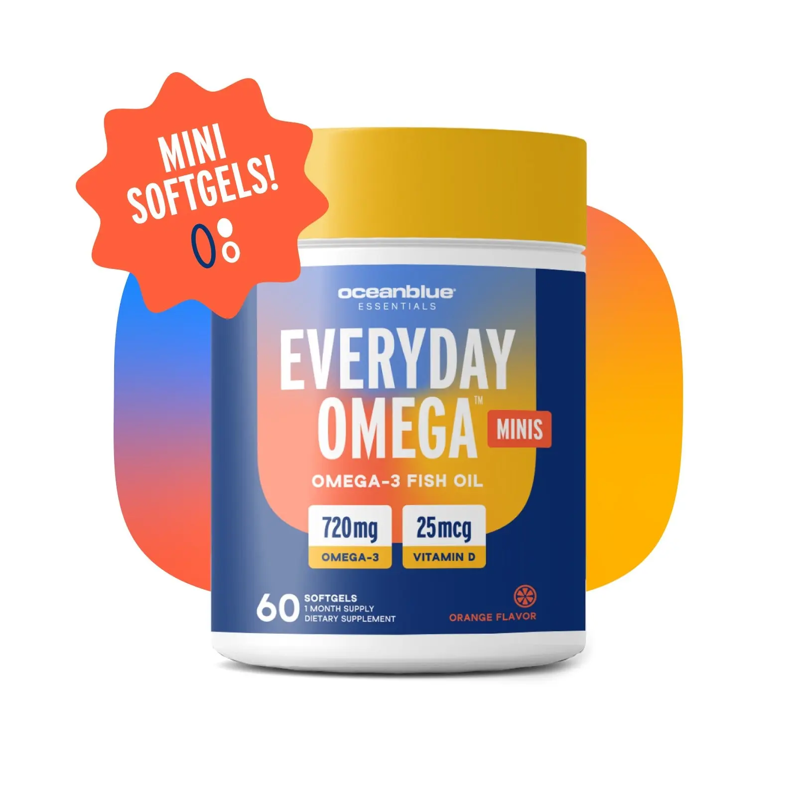 OceanBlue Essentials Everyday Omega Minis – 60ct – Burpless Fish Oil with Vitamin D3 – for Heart and Immune Support – Easy to Swallow Mini Softgels