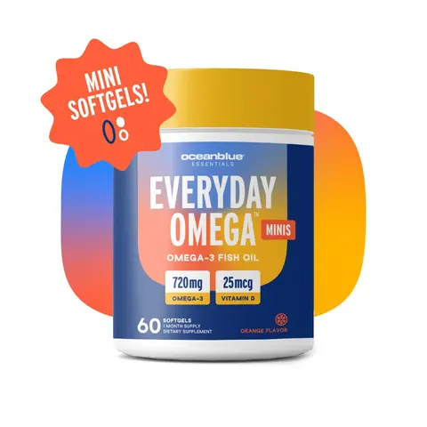 OceanBlue Essentials Everyday Omega Minis – 60ct – Burpless Fish Oil with Vitamin D3 – for Heart and Immune Support – Easy to Swallow Mini Softgels