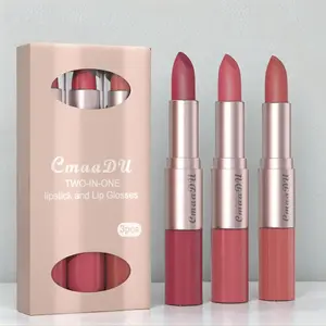 2 in 1 Long Lasting Lipstick & Lip Gloss, 3 Counts Waterproof Lip Stain, Moisturizing Lip Stain, Suitable for All Occasions Lip Makeup, Christmas Gift, Glossy, Lip Set