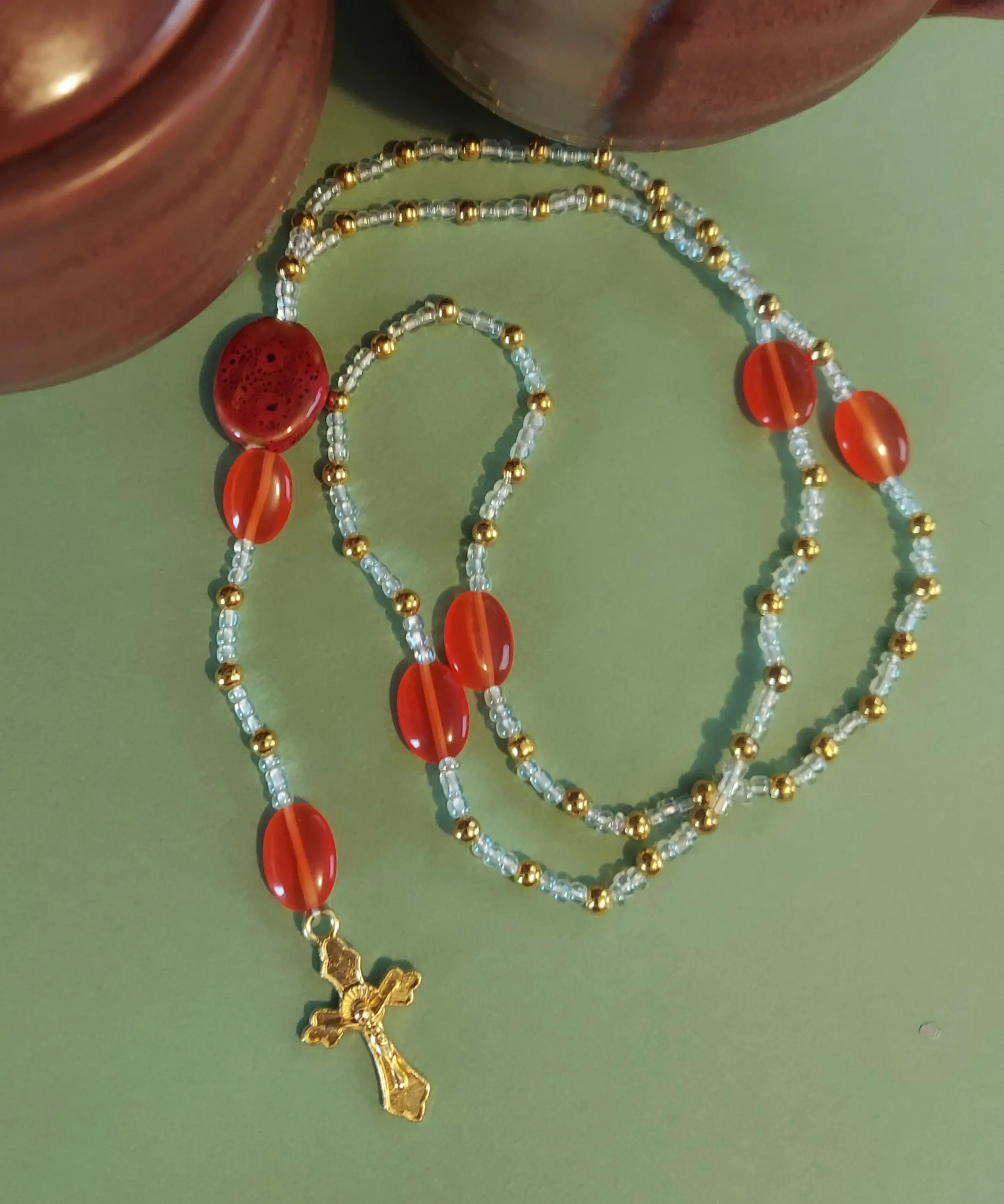 Catholic Rosary, Rosemary, Prayer Beads, Cross Necklace in orange, white and gold beads