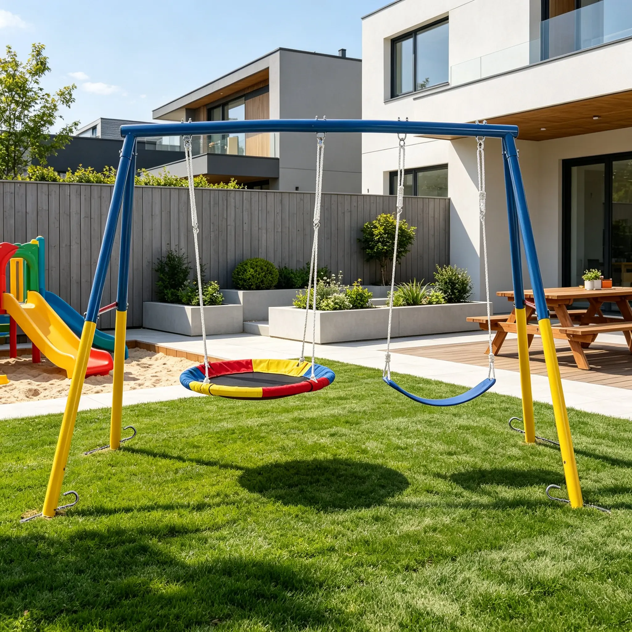 Backyard Metal Swing Set with Heavy-Duty A-Frame Stand, 330lbs Weight Capacity, 1 Saucer Seat & 1 Belt Seat, Kids, Belt Swing