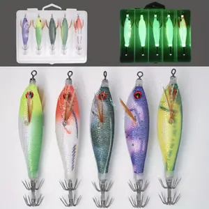 5pcs Luminous Squid Jig Hook Fishing Lure Artificial Fake Octopus Lures Wood Shrimp Cuttlefish Hard Bait Sea Jigs Fishing Tackle,  Deep Sea Fishing Lure, Hard Bait Fishing Tackle, Multi-Hook Sea Jig, Realistic Fake Bait, Durable Fishing Tackle