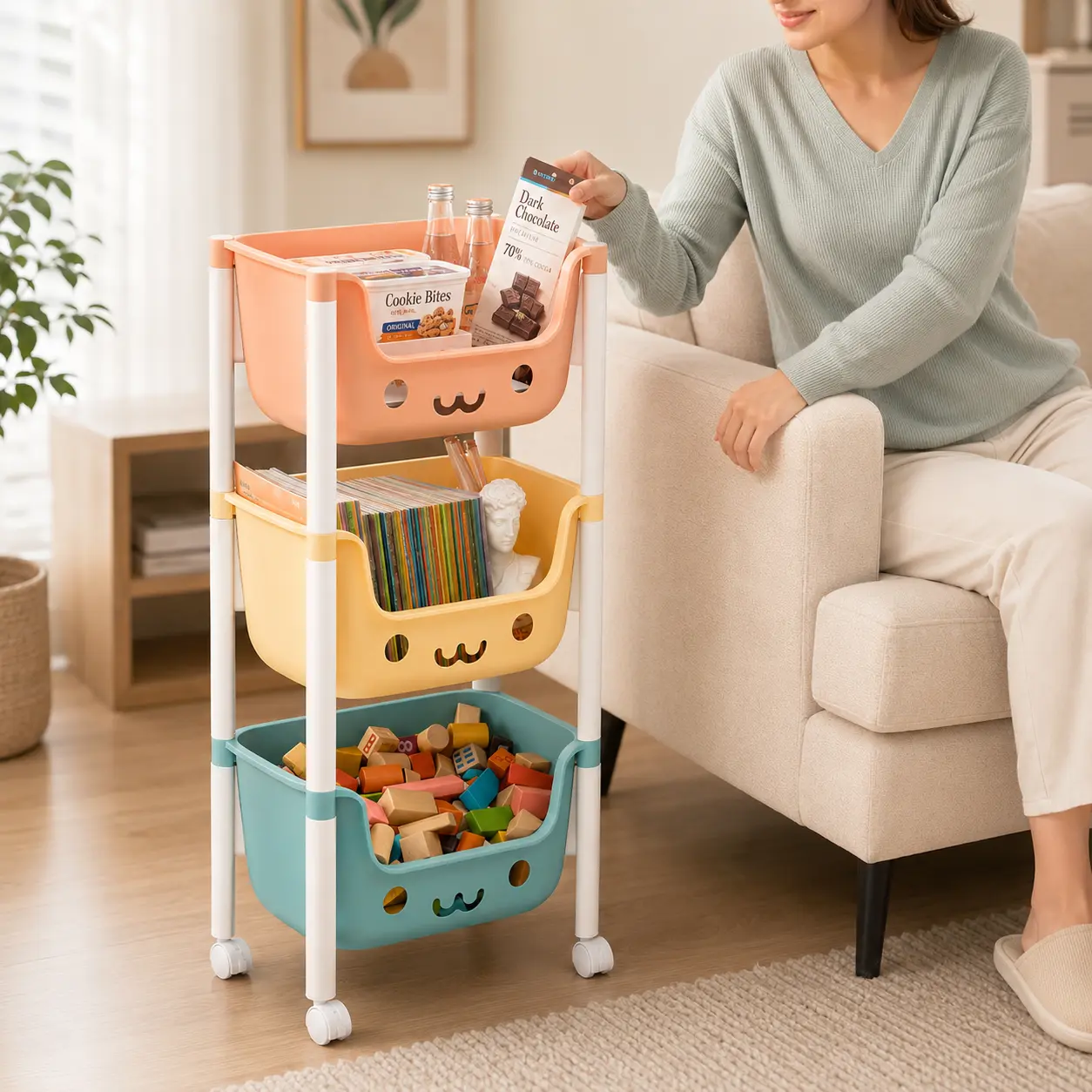 3/5-Tier Plastic Multifunctional Storage Rack, Cute Smiley Face Lightweight Waterproof Decorative Rolling Cart, Freestanding Space-Saving Home Organizer for Children’s Rooms, Kitchen Utensils Storage