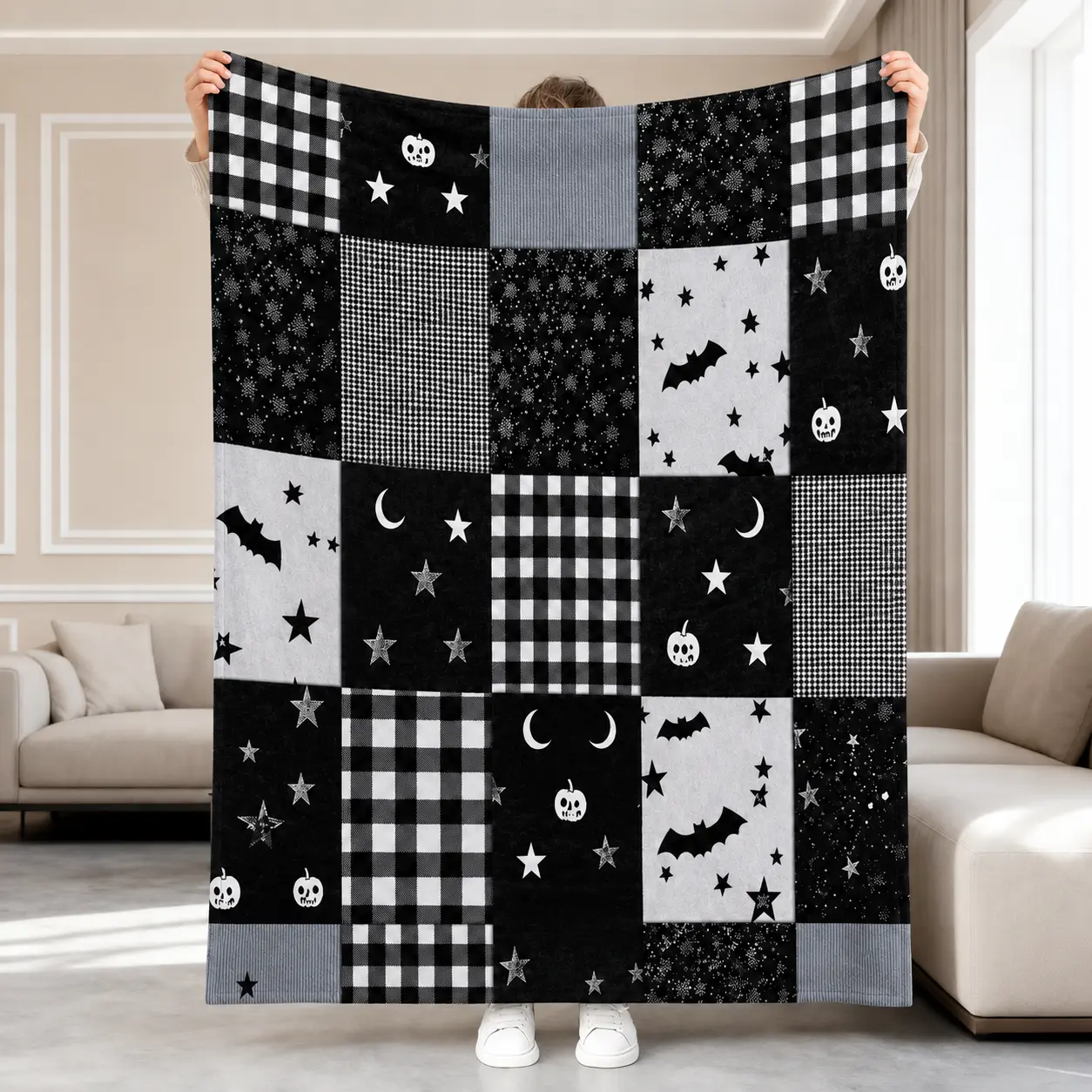 1Pc Gothic Black And White Checkered  Flannel Blanket - Soft And Comfortable All-Season Warmth, Vintage Bat And Jack-O'-Lantern Design, Suitable For Sofa, Bed, Travel Use - For Home Decor, Camping