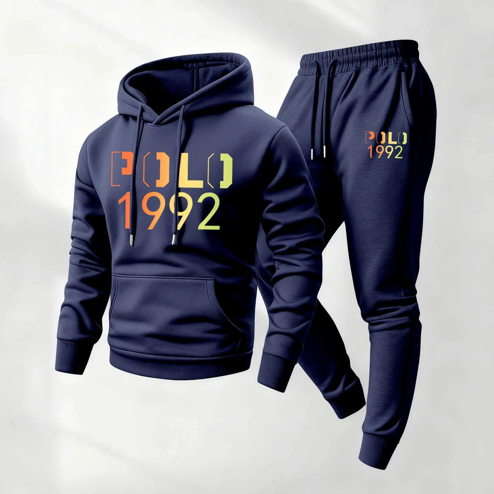 Men's 2-Piece Minimalist Casual Sports Athletic Wear Set - 1992 Letters Print Polyester Long Sleeve Hoodie & Drawstring Sweatpants, Soft Breathable Loose-Fitting Tracksuit for Spring Autumn, Machine Washable Mensfashion, Letter Print
