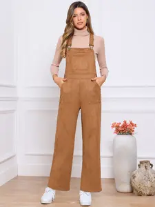INSPIRE CHIC Women's Casual Overalls Wide Legs Fall Faux Suede Adjustable Jumpsuit with Pockets