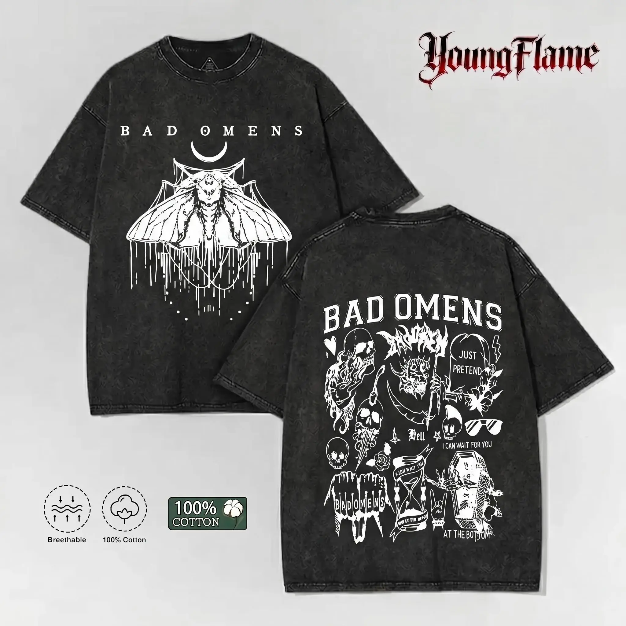 Men's Bad Omens Acid Wash T-Shirt, Retro Short-Sleeve Graphic Tee with Vintage Tattoo Design, Casual Heavyweight 100% Cotton Top