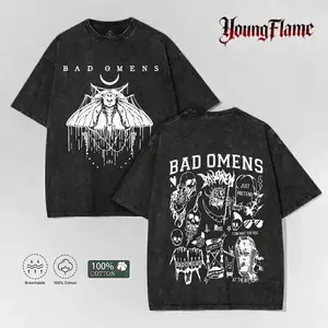 YoungFlame Bad Omens Acid Wash T-Shirt | Vintage Flash Tattoo Graphic Tee | Heavyweight 100% Cotton Alt Rock Streetwear 2026 outdoorfun short-sleeved men top vintage menswear fashionable