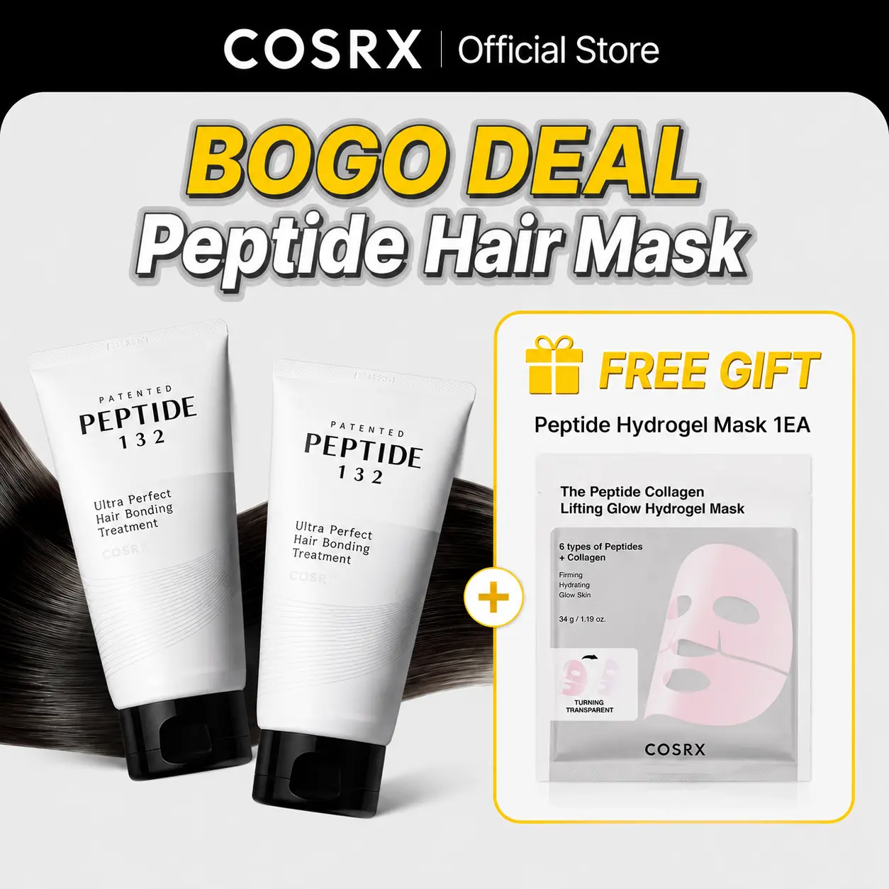 [BOGO] [COSRX Official] PEPTIDE-132 Mirror Glow Hair Treatment Mask 1+1+FREE GIFT (Peptide Hydrogel Mask)