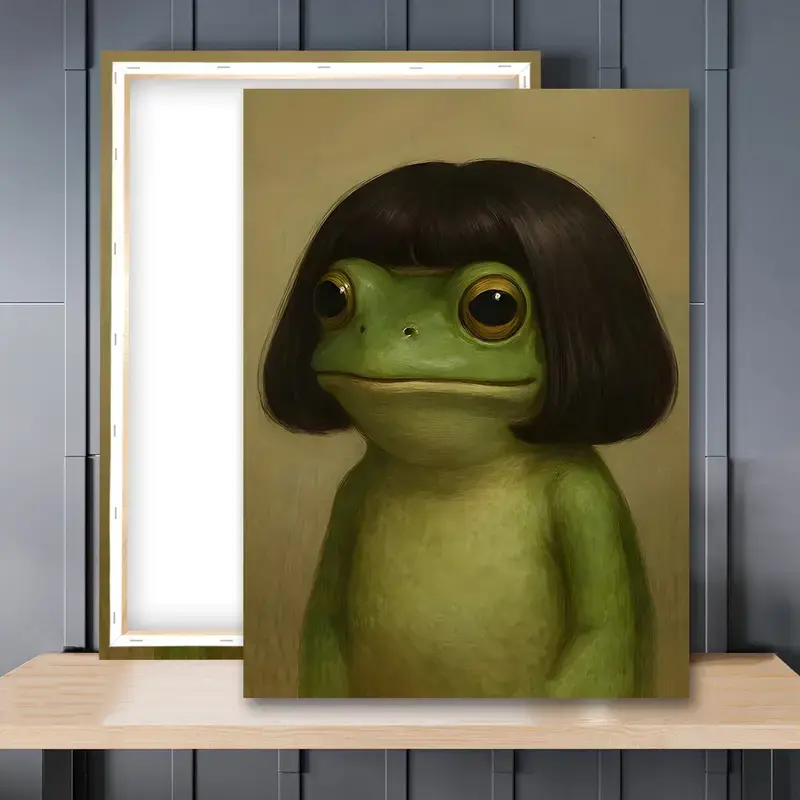 1pc Wooden-Framed Whimsical Frog Portrait Poster - Vibrant Cartoon Design, Green Frog with Bob Haircut Canvas Art, Whimsical Home Decor for Bathroom, Bedroom Wall Decoration