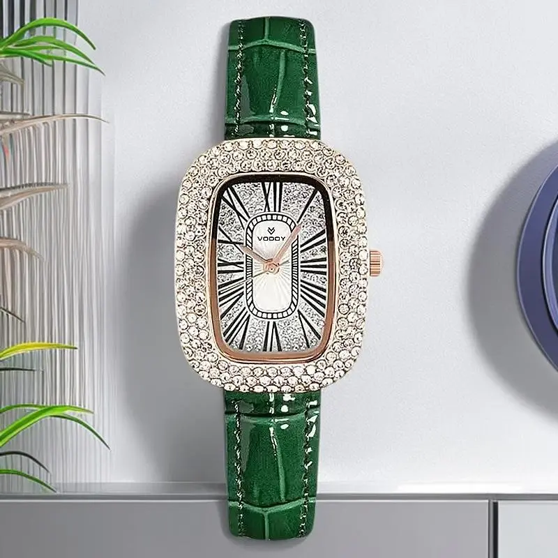VODOY Emerald Square Women's Watch with Green Leather Strap & Sparkling Diamond Accents on Case Swiss Joux Valley Dial Waterproof Fashion Accessory