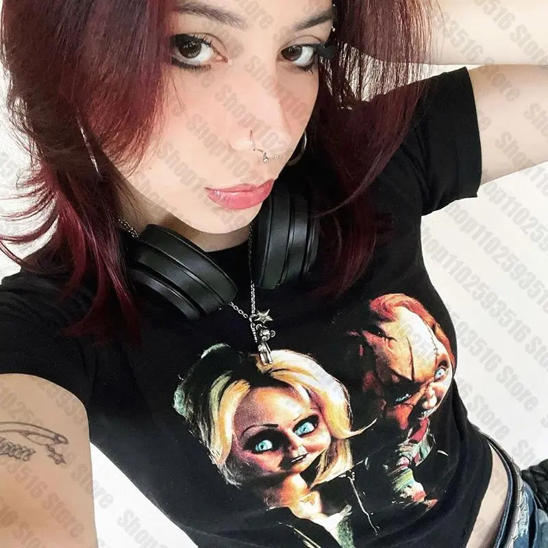 Baby Tees  Goth Emo Crop Top Streetwear Aesthetic Grunge Baby Tee Vintage Women punk horror doll graphics Short Sleeve T-Shirt Y2k Clothes Punk Y2K Baby Short Sleeve Top Gothic Street aesthetic slim baby tees Gothic Slim Crop Top Vintage Sexy Grunge