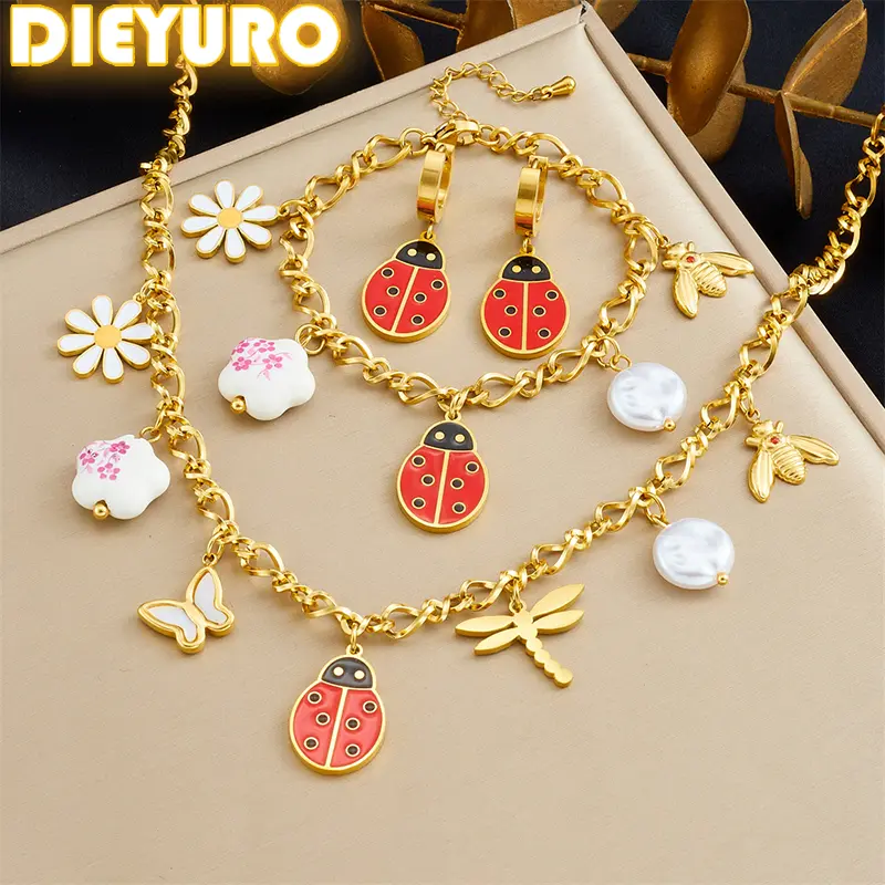 DIEYURO 316L Stainless Steel Ladybug Dragonfly Pearl Butterfly Necklace Bracelet Earrings Set Lady Fashion Waterproof Jewelry