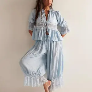 Women Lace Trim 2 Piece Pajamas Sets Y2k Bow Tie Front Short Sleeve Shirts + Ruffle Flared Lantern Pants Loungewear Nightwear Womenswear Check Light