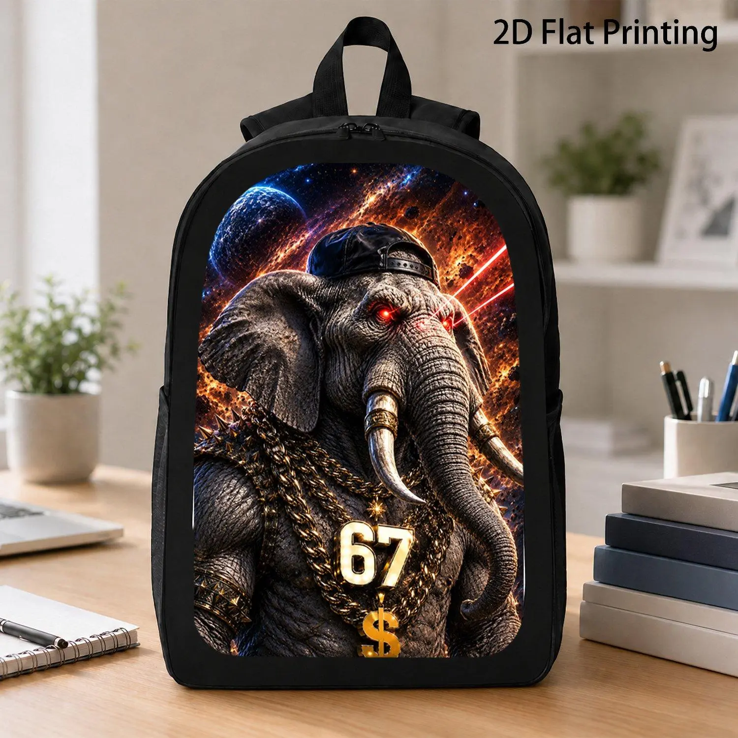 [17 Inch Backpack] Space Gangster Elephant Wearing Cap Heavy Gold Chains 67 Red Laser Eyes Galaxy Art Backpack Popular Wildlife Graphic Large Storage Laptop Backpack