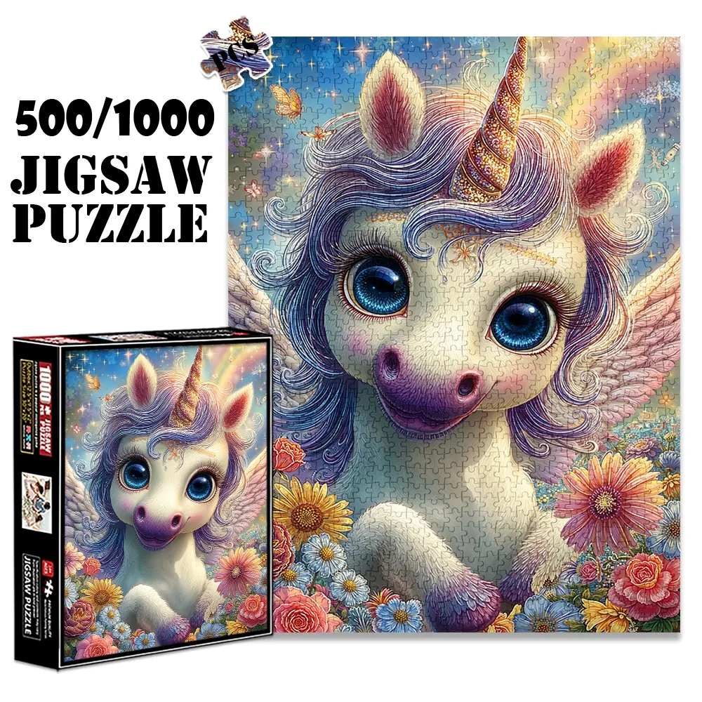 1pc 1000 piece adult puzzle 70x50cm Magical Winged Unicorn with Flowers and Sparkles 500 pieces paper jigsaw puzzle suitable for DIY creative games for adults and families, birthday and holiday stres