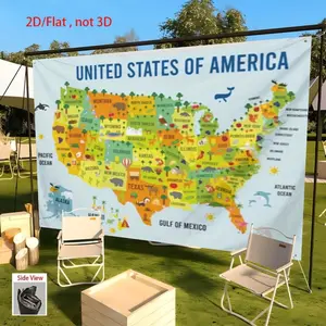 2D Flat US Map Polyester Fabric Tapestry, Lightweight Educational Wall Hanging with State and City Symbols, Ideal for Independence Day Parties and Home Office Decor flag bfwall