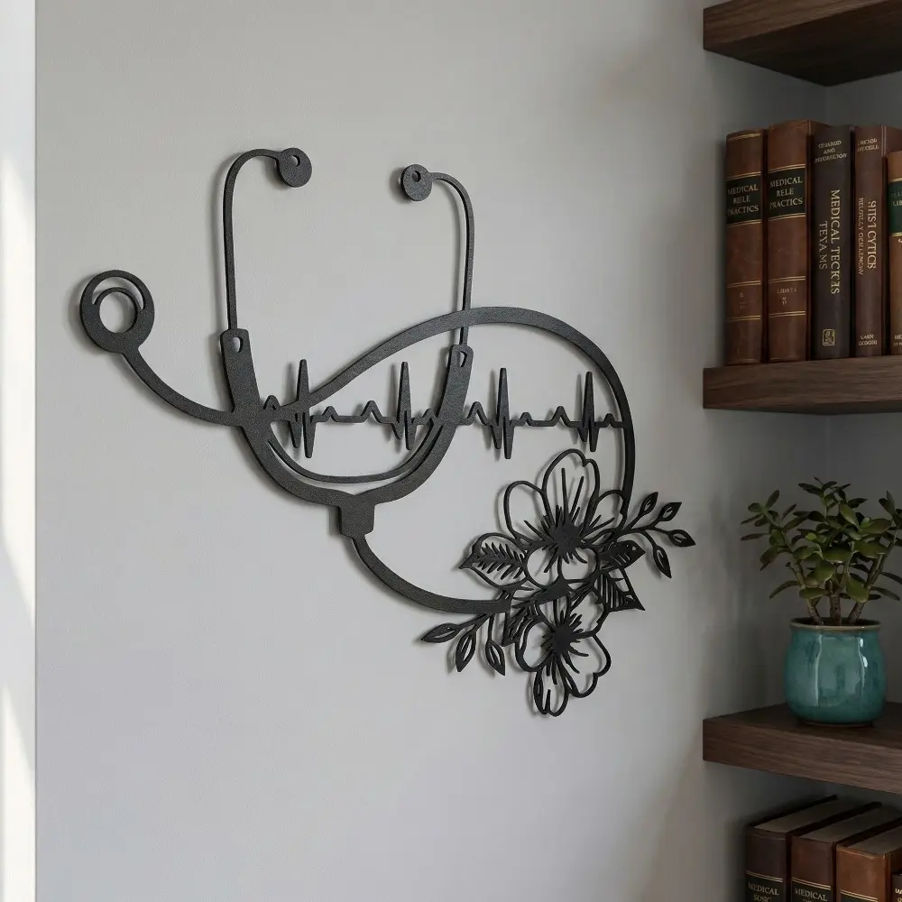 Medical Iron Wall Art, Stethoscope Heartbeat Metal Sign, Flower Stethoscope Wall Decor, Clinic Hospital Metal Wall Art, Nurse Appreciation Iron Sign, Decorative Wall Art