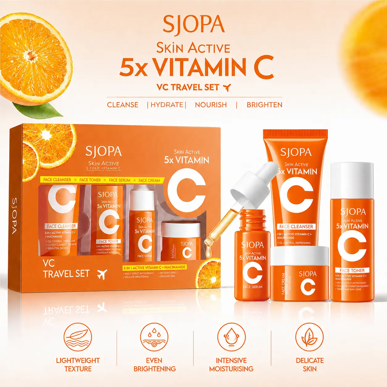 SJOPA Vitamin C Face Care Kit, 4-Step Hydrating Skincare Routine, Includes Cleanser, Toner, Serum & Cream, Travel Size for Adults, Unisex, Hydration, Lightweight And Travel-Friendly