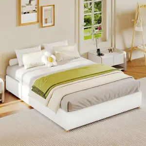 White Full Size Cloud Bed Frame，Corduroy Low Bed Frame Without Headboard, Thick Fabric Upholstered Platform Bed, Solid Wood Legs, No Box Spring Needed, Never Squeak, Easy Assembly