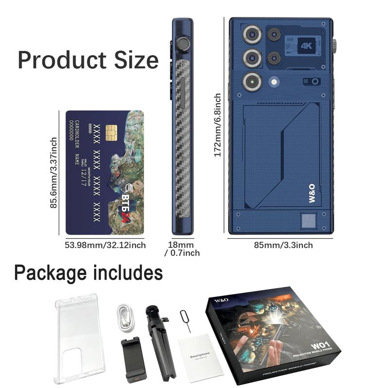 W&O 5G Smart Dual SIM Projector Phone Android 14 (Unlocked)12000mAh Battery – 12GB RAM + 512GB Storage (PD Fast Charging) – Face Unlock,120Hz Projection + OTG Mouse Support、68MP Triple Rear Cameras + 20MP Selfie,Full Band Support T-Mobile, AT&T, Verizon!