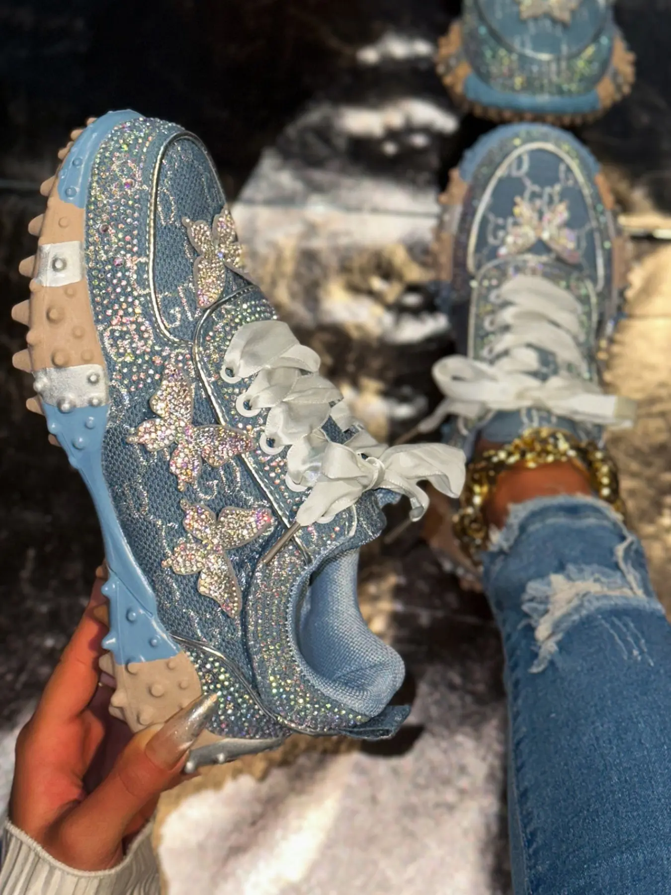 Women's Butterfly Embellished Thick Sole Dad Shoes, Denim Blue Colorblock, Zigzag Bottom Heightening Casual Sports Glitter Design Sneakers, Fashionable Sneakers, Trendy Fashion Sneaker, Thick Soled Sneakers