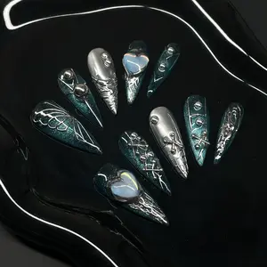 NAYL - CYBER SIREN 10PCS Handmade Press On Nails REUSABLE 3D Gel LONG STILETTO METALLIC TEAL HEART LATTICE SPIKE
