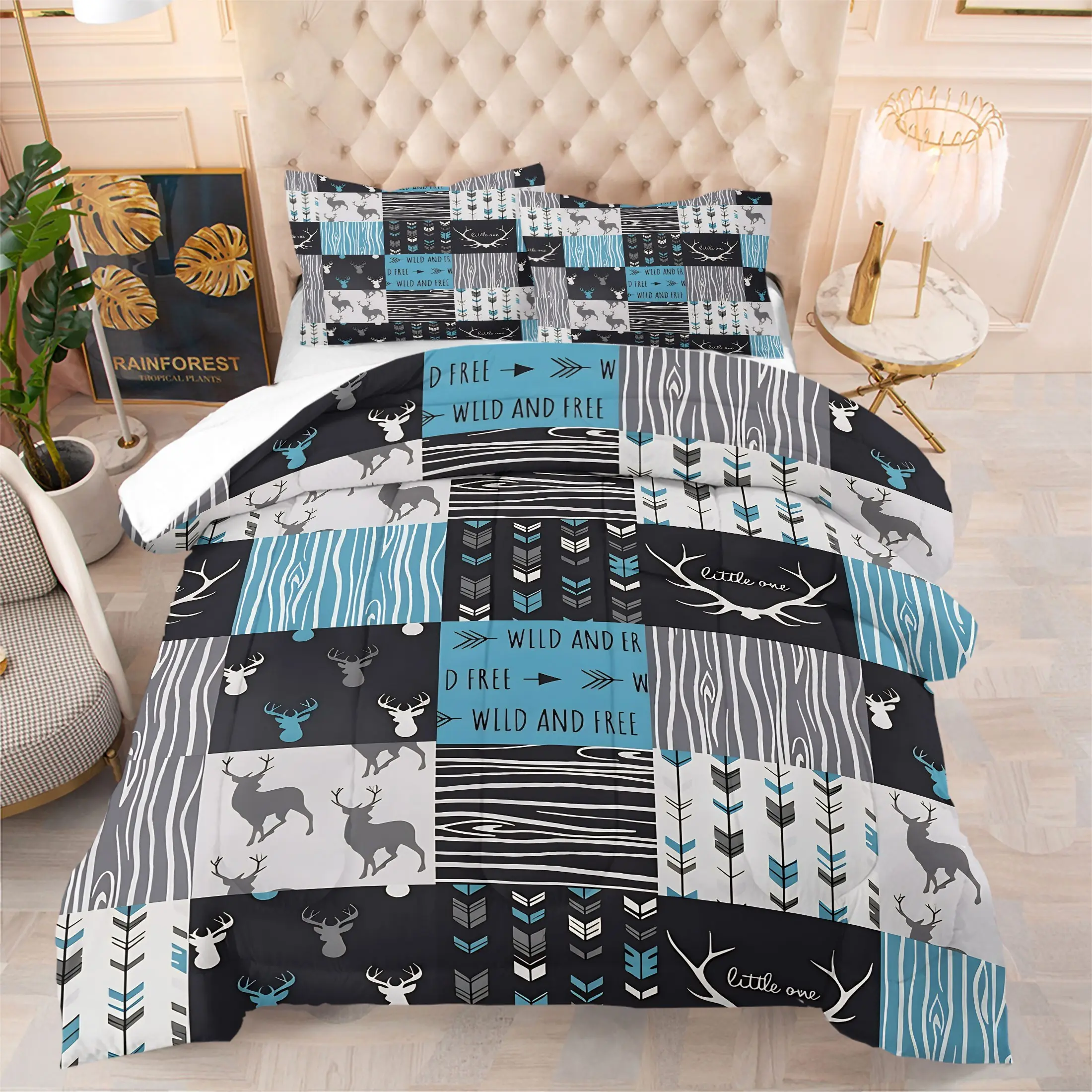 Woodland Deer Pattern Comforter Set,Includes 1 Comforter & 1-2 Pillowcases,Wild and Free Print Bedding Set,Rustic Arrow & Wood Grain Accents,Soft Breathable Bedding for Men & Boys Bedroom,Cabin & Dorm Decor,Ideal Gift for Hunting & Nature Lovers