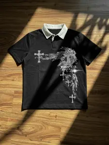 [URBAN GOTH] Men's Gothic Cross Unique Graphic Polo Shirt | Vintage Navy Blue Contrast Collar Rugby Tee | Y2K Streetwear "City of Angels" Print | Oversized Casual Short Sleeve Top | Aesthetic Alt Clothing for Men & Teens | Cyber Hellstar Inspired Style