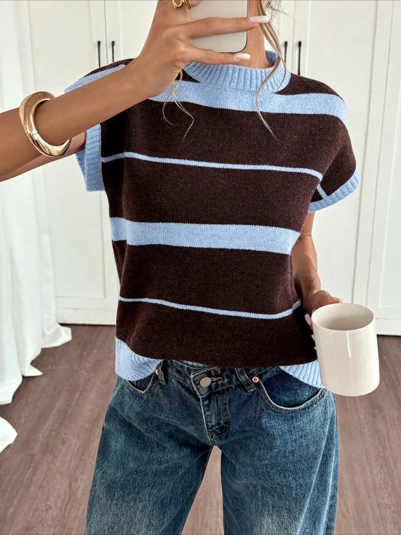 Women's Short Sleeve Knit Top, Casual Round Neck Striped Contrast Pullover, All-Seasons Fashion, Daily Wear, Commute Jacket, Lazy Style, Elegant Casual Knitwear, Womenswear, Knitwear, Lady