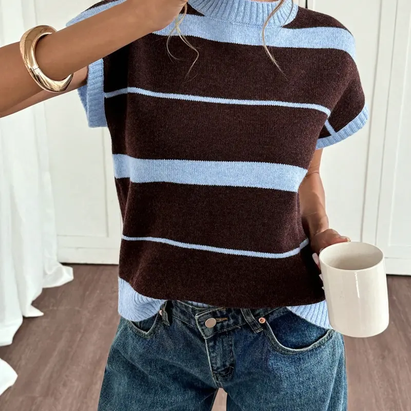 Women's Striped Colorblock Short-Sleeve Knit Top, Casual Fashion Mock-Neck Jumper for Commuting & Daily Wear, Ladies Knitwear, Pullover