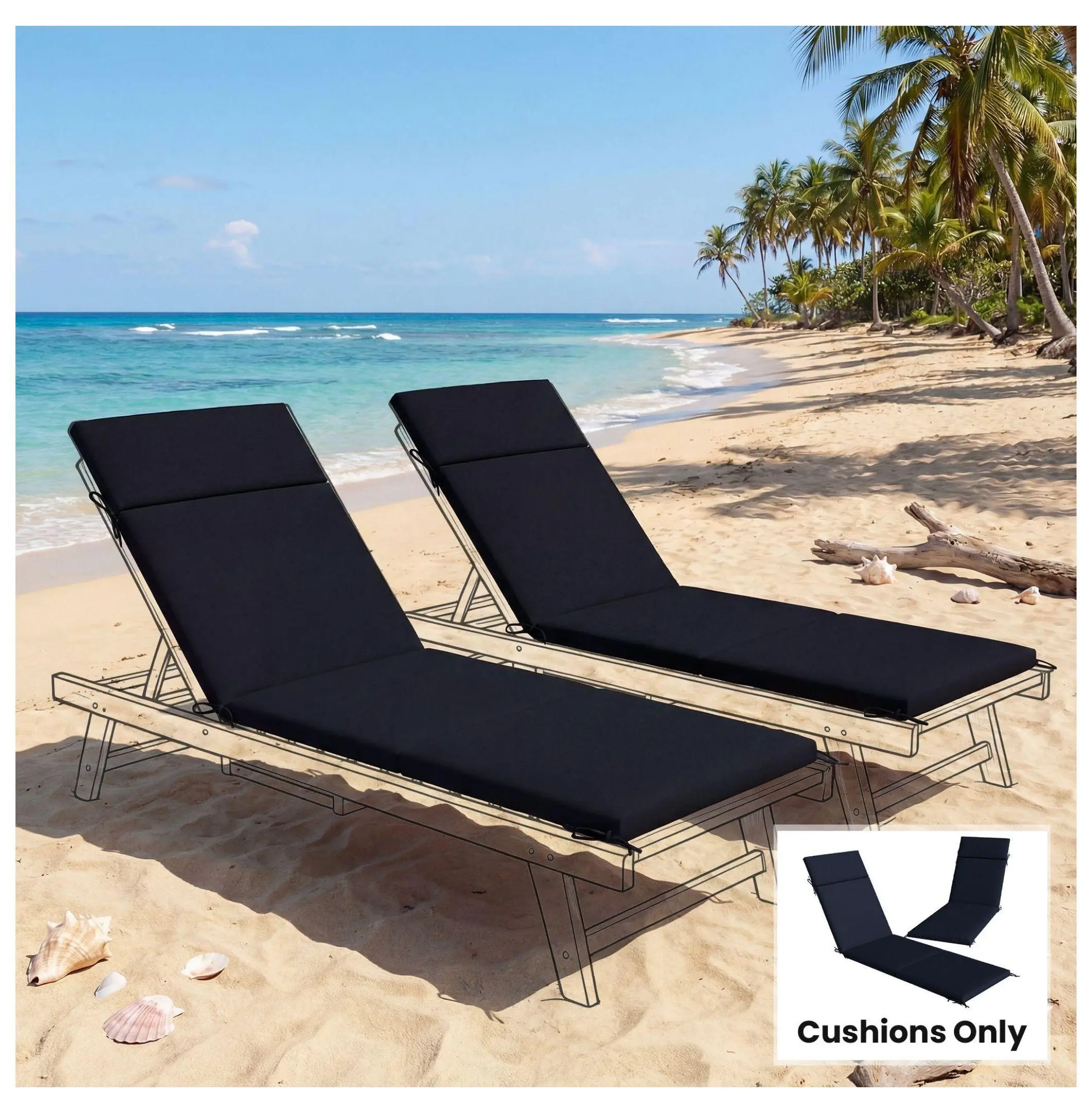 Patio Cushions Set of 2, Navy Blue - High Density Foam Chaise Lounge Cushions with Ties Default Title
