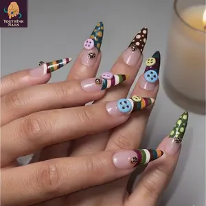 Y2K Button Press On Nails, Colorful Stripe Polka Dot Design, Retro Handmade 3D Nails, Playful Statement Nails for Daily Wear