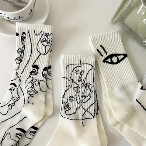 Women's 3-Pair Abstract Printed Mid-Calf Cozy Socks - Textured, Elastic, Creative Look, Colorful Novelty, 1 Size Fits/One-Size, Non-Silk Stocking Style, All Seasons Women's Underwear,sohochic