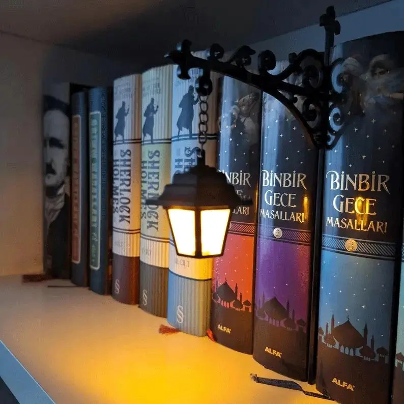 Exquisite Festive-Style Lantern — Elegant black bookshelf lamp, mini hanging shelf light, warm LED nightlight, artistic reading nook decor, Halloween decoration.